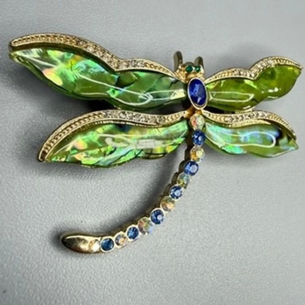 Large‎ Dragonfly Brooch Green Blue Rhinestone Whimsical Insect
